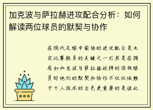 加克波与萨拉赫进攻配合分析：如何解读两位球员的默契与协作
