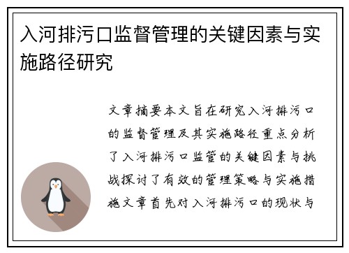 入河排污口监督管理的关键因素与实施路径研究